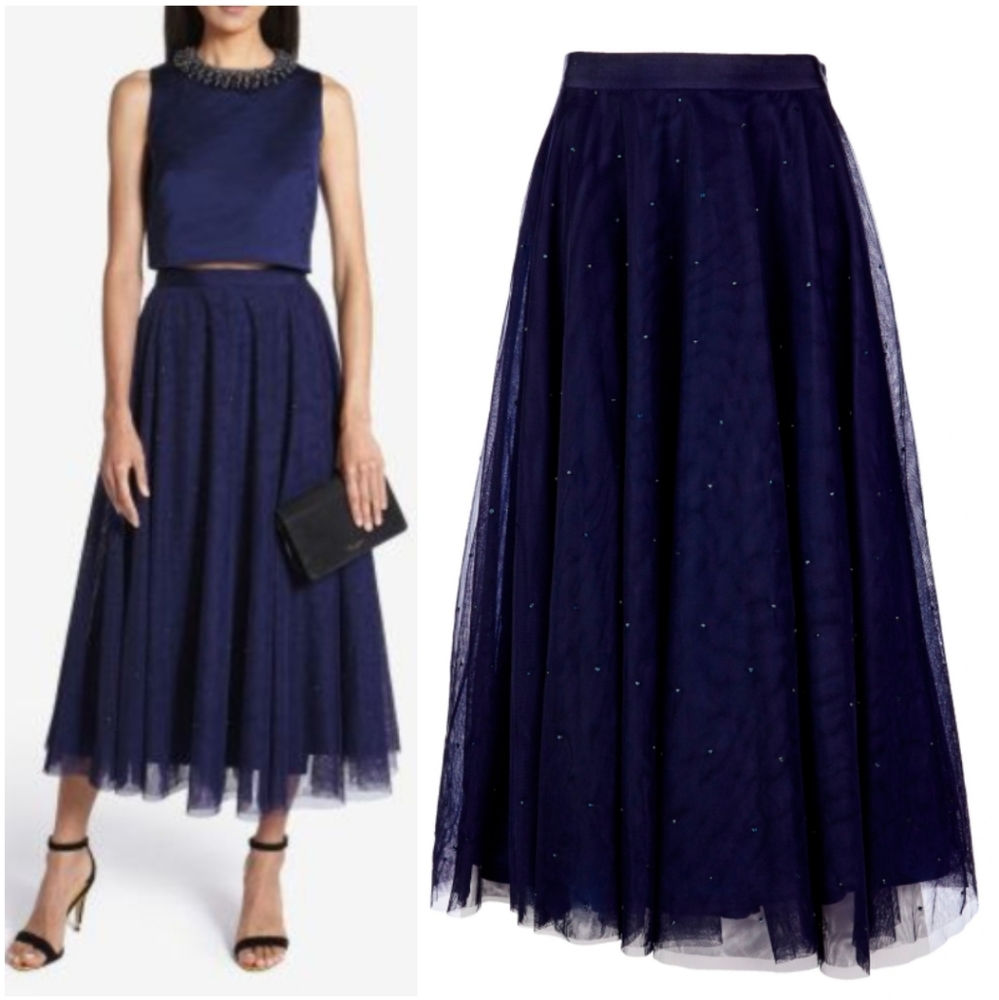 Ted Baker Embellished Tulle Midi Skirt Size 3 Navy Blue